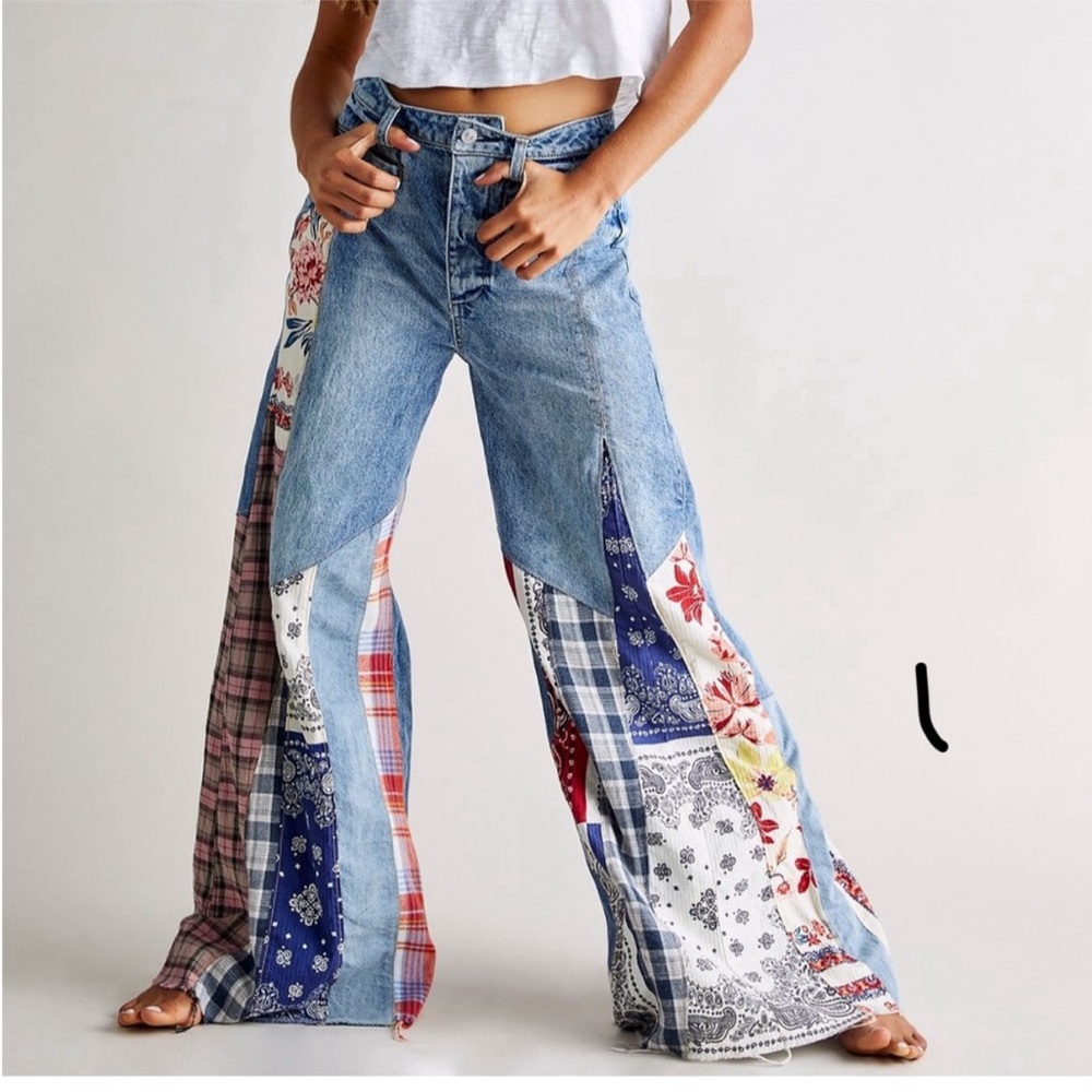 Free People Blue Patchwork Wide Leg Jeans